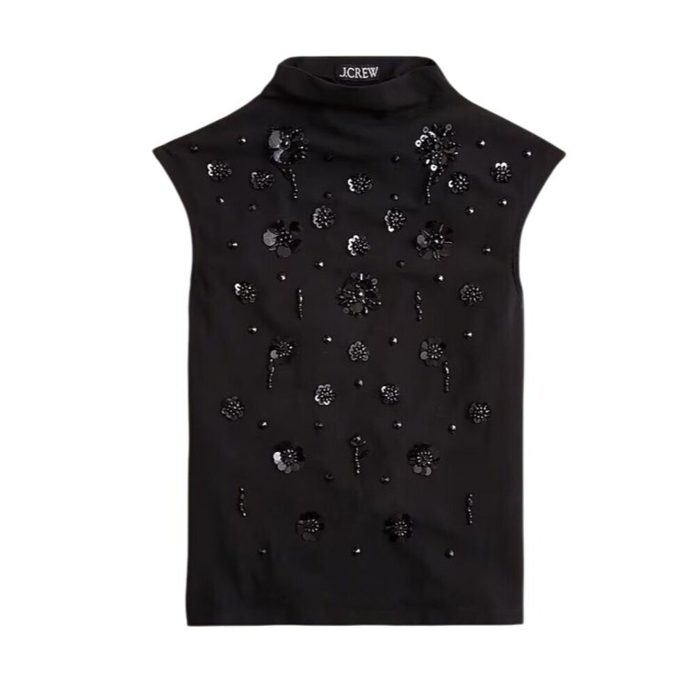 J.crew Stretch cotton-blend mockneck with floral embellishment black‎ sz xs